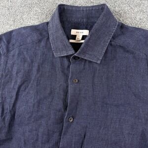 Reiss Shirt Mens Large Indigo Blue 100% Linen Short Sleeve Button Up